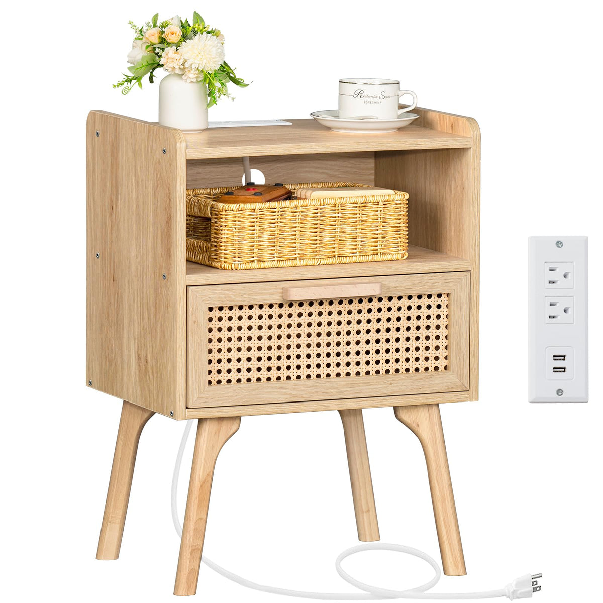 Lerliuo rattan nightstand with charging station for easy device charging