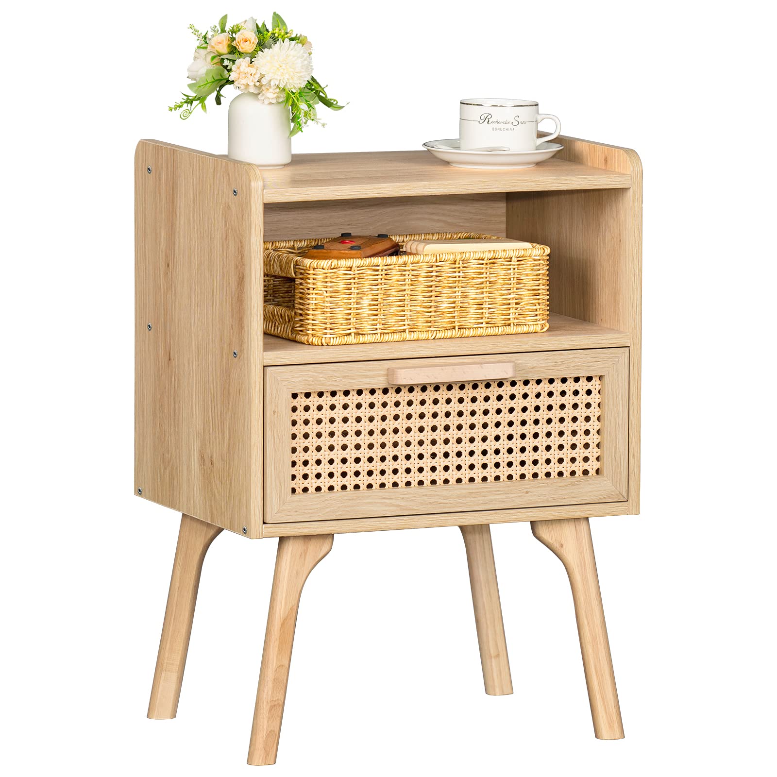 Lerliuo rattan nightstand with drawer beside the bed offers stylish storage.