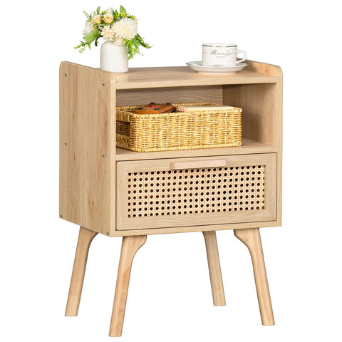 Lerliuo rattan nightstand with drawer beside the bed offers stylish storage.
