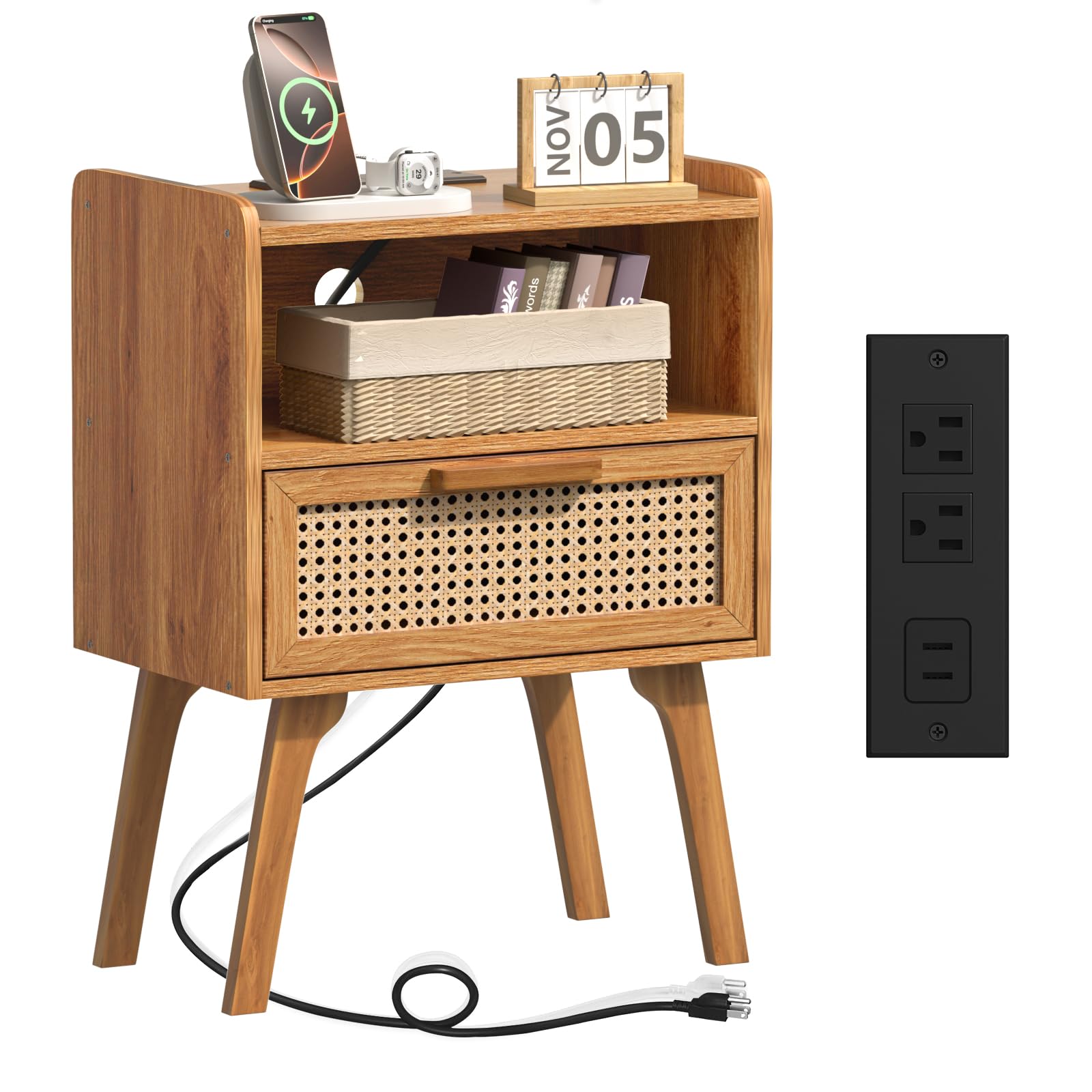 Lerliuo rattan nightstand with charging station beside bed for easy charging.