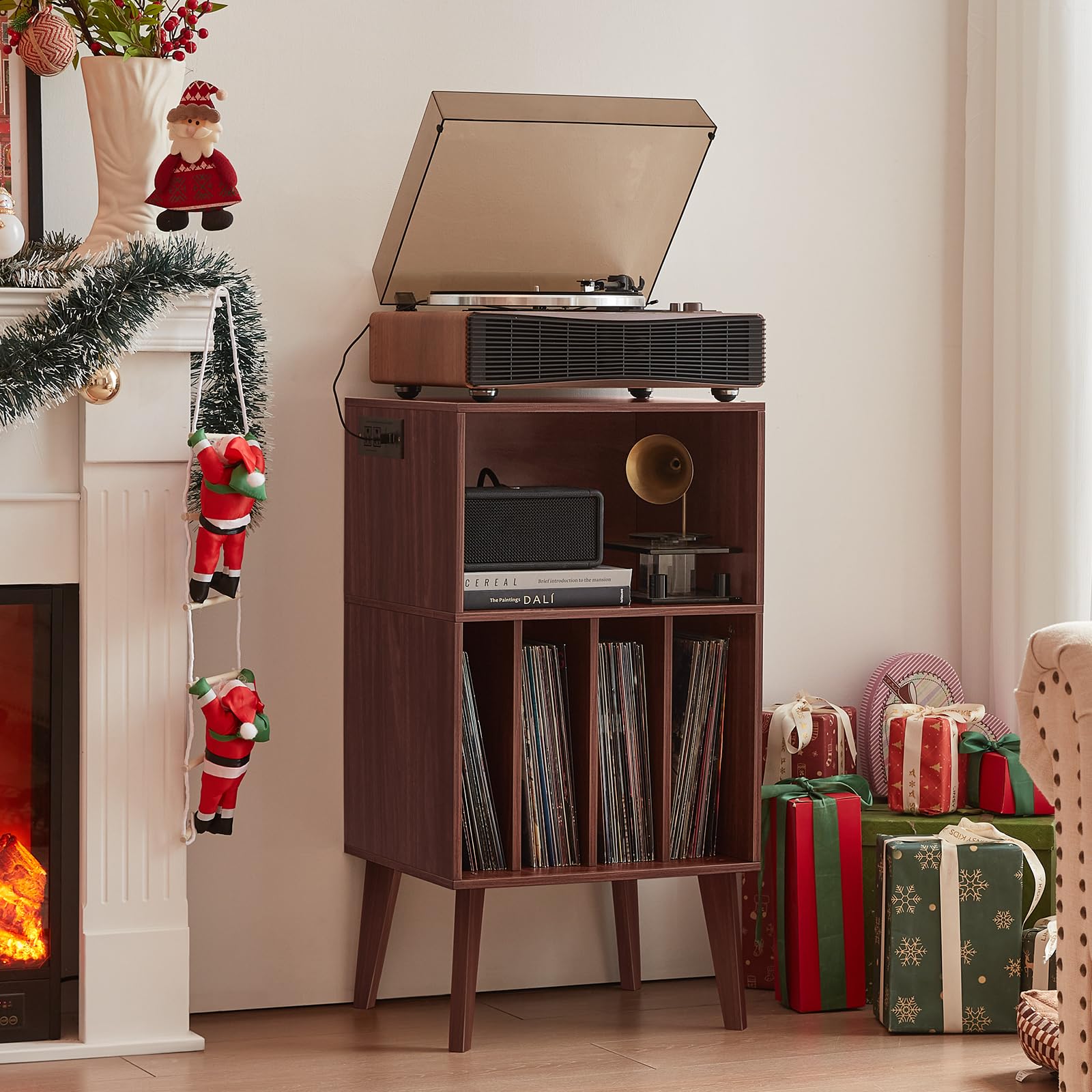 Lerliuo walnut stand back panel with cable holes keeps cords organized and accessible.