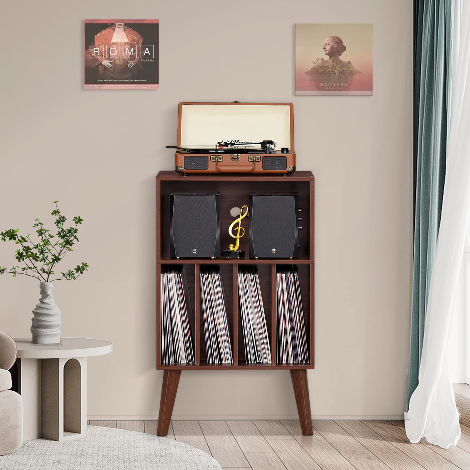 Lerliuo elevated display space accommodates turntable accessories and decorative items.