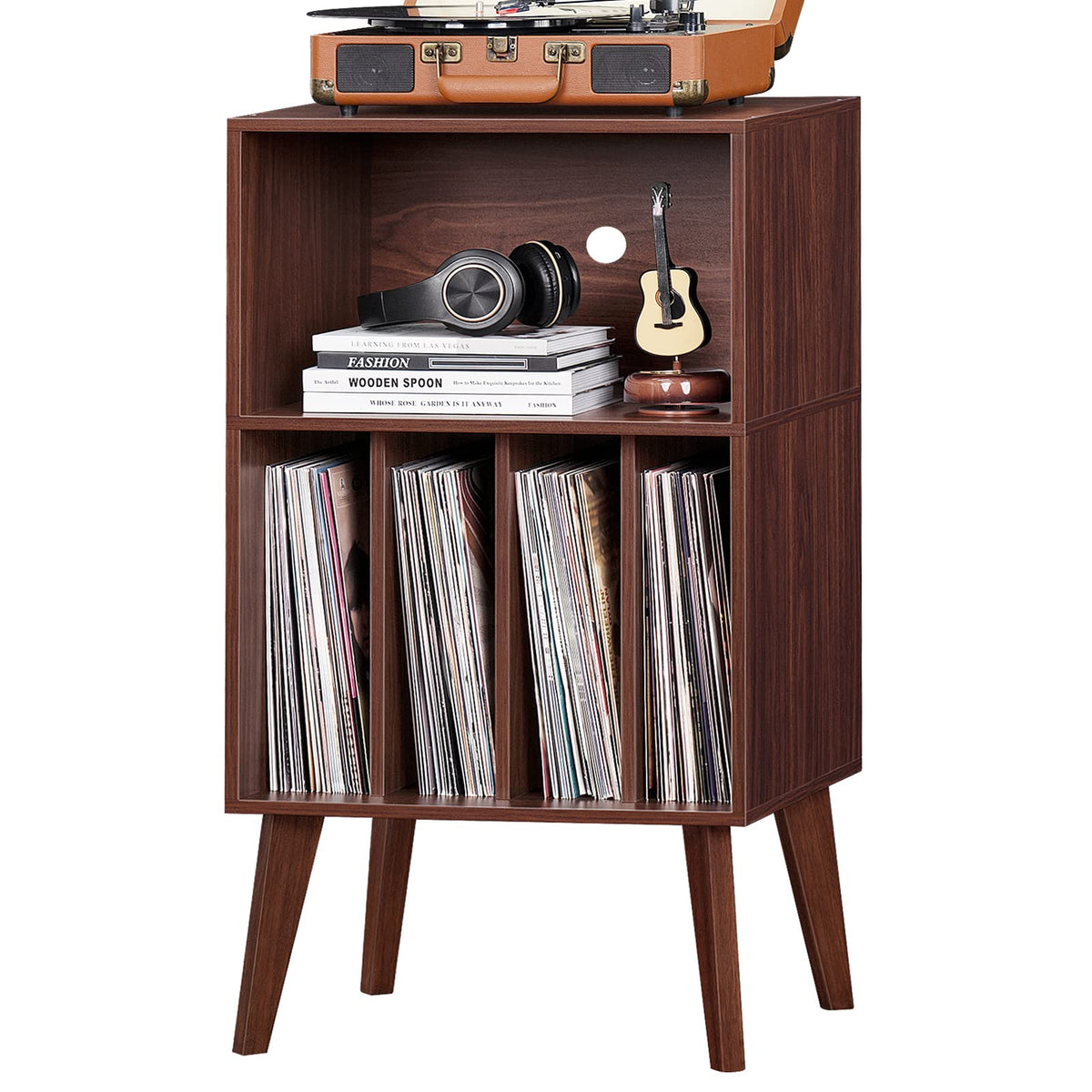 Lerliuo walnut record player stand shows full-wood construction and supports up to 160 records.