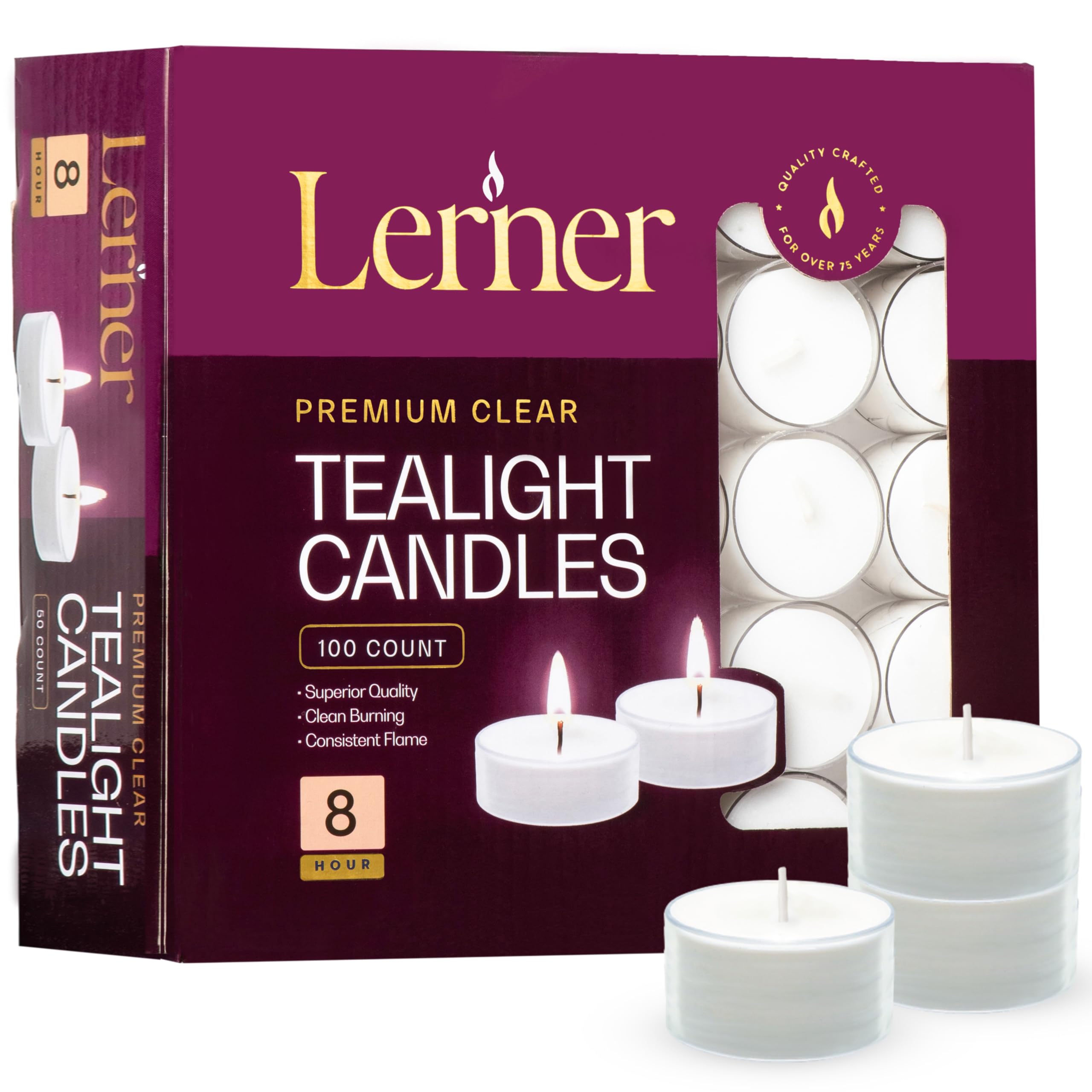 Lerner Tealights in clear cups emit a clean, elegant glow