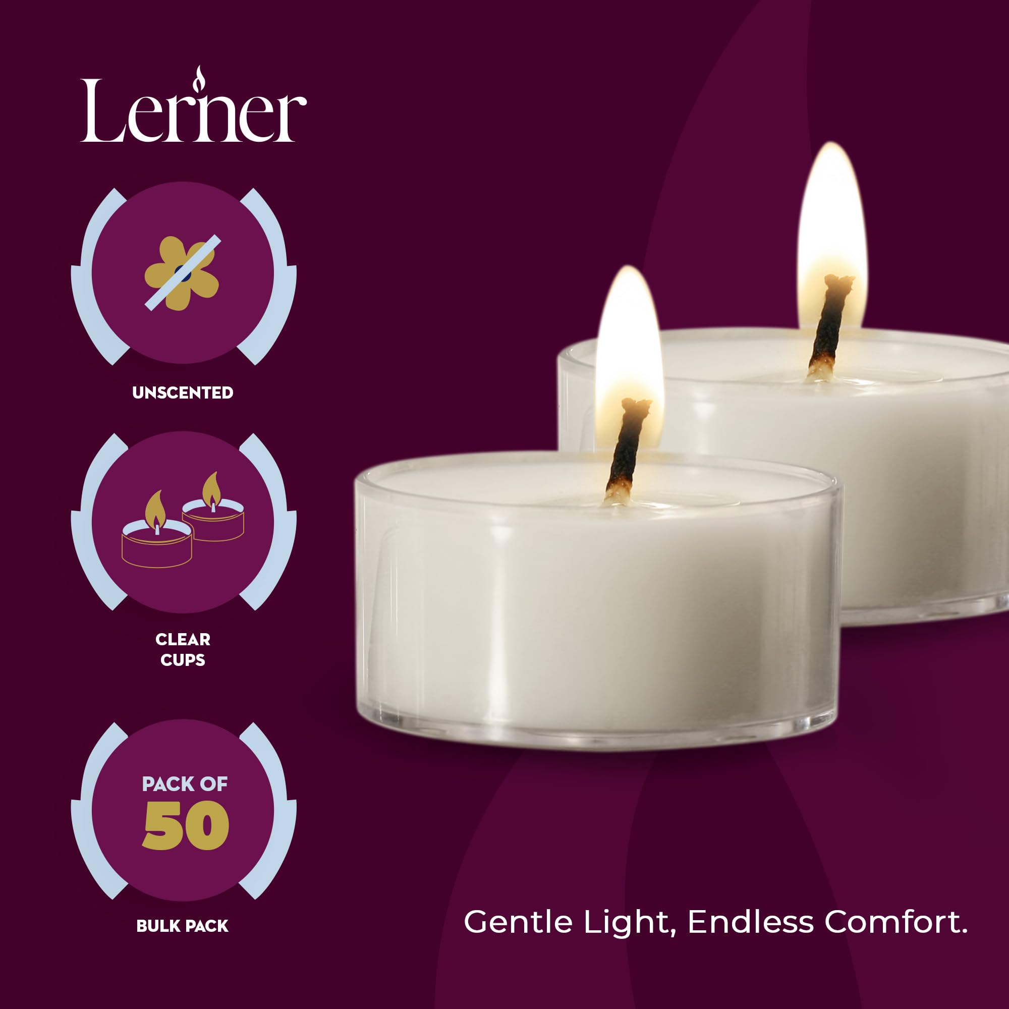 Lerner Tealights feature lead-free cotton wicks for steady flames