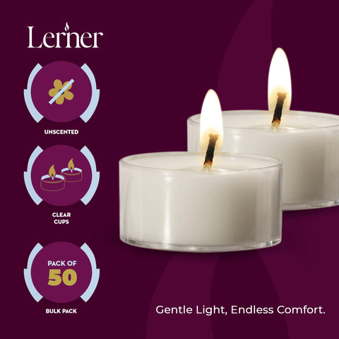 Lerner Tealights feature lead-free cotton wicks for steady flames
