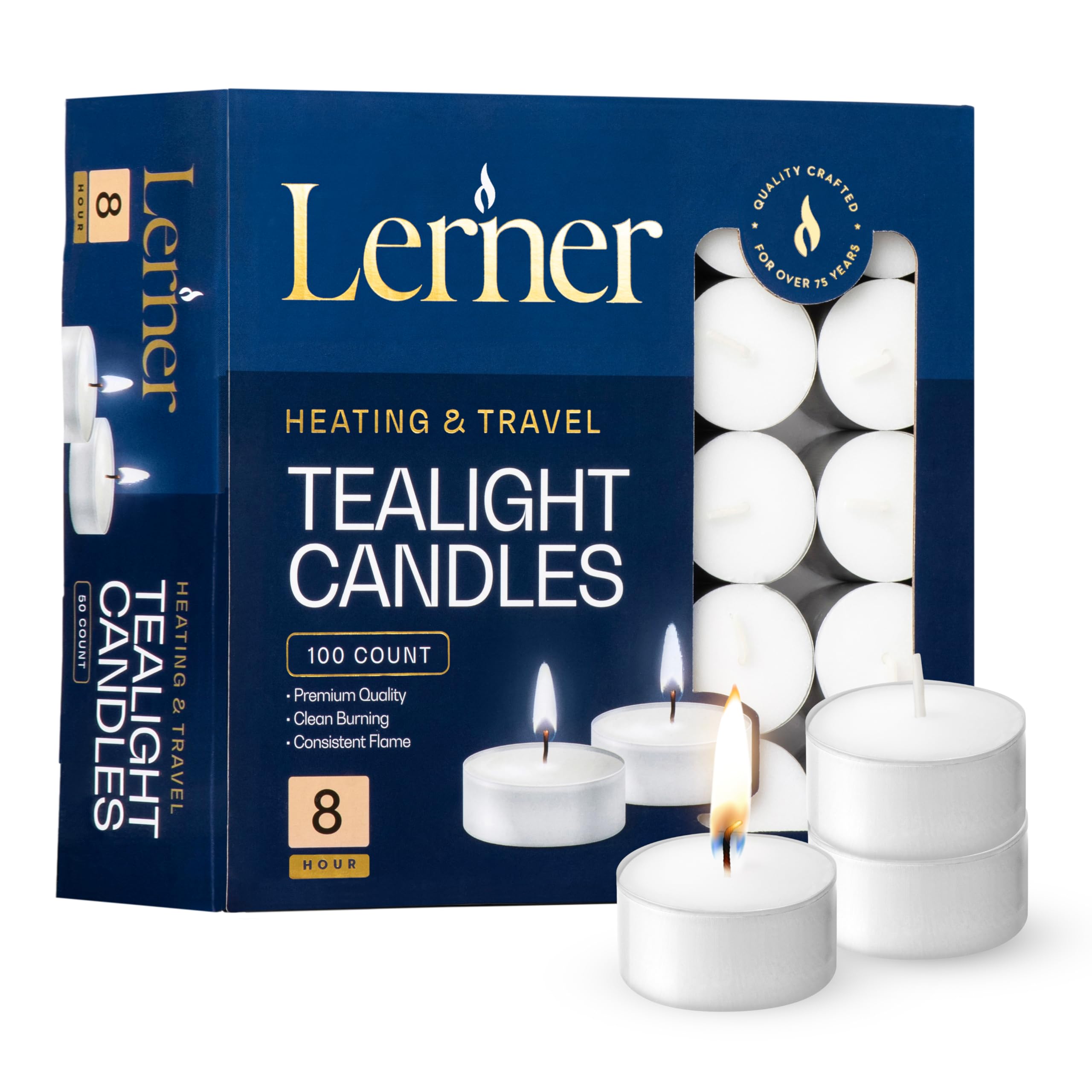 Lerner White Tea Light Candles in aluminum cups for elegant, smokeless ambiance.