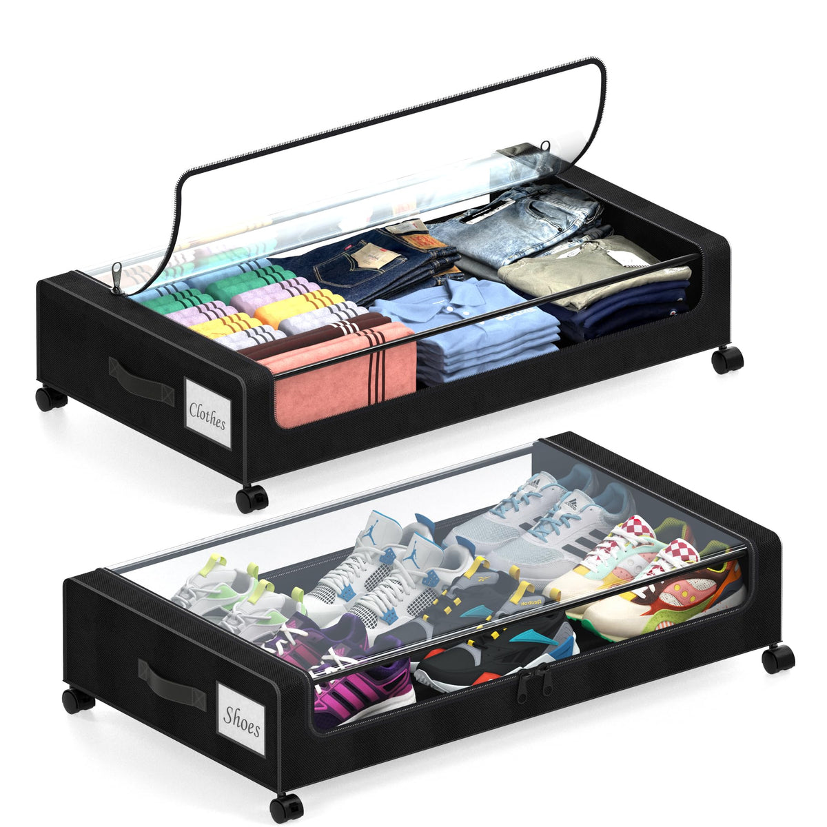 LESHZHEN under-bed storage with wheels shows 65L capacity for clutter-free rooms
