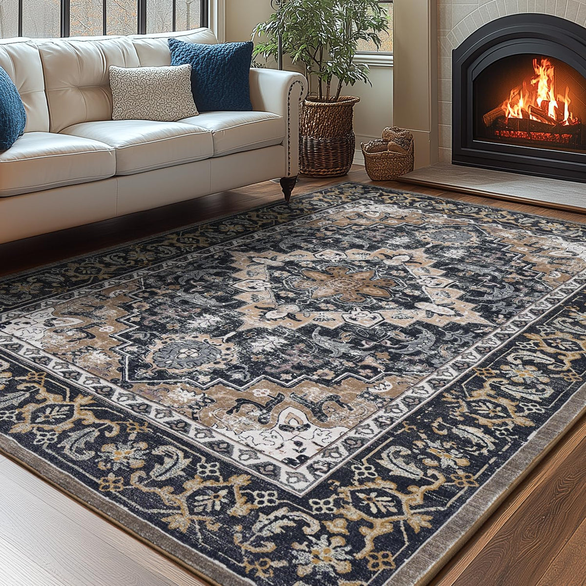 Lessymo 8x10 floral medallion rug closeup showing elegant pattern and plush surface.