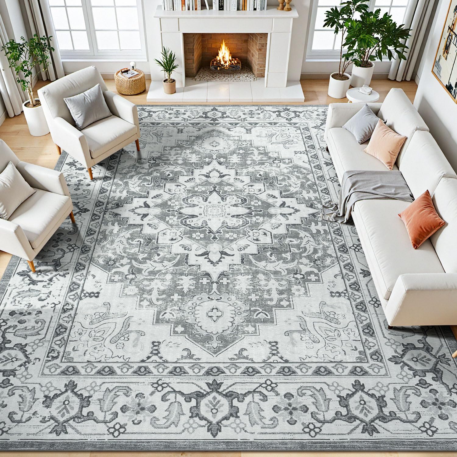 Lessymo 8x10 rug features a center floral medallion for timeless living room elegance.