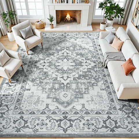 Lessymo 8x10 rug features a center floral medallion for timeless living room elegance.