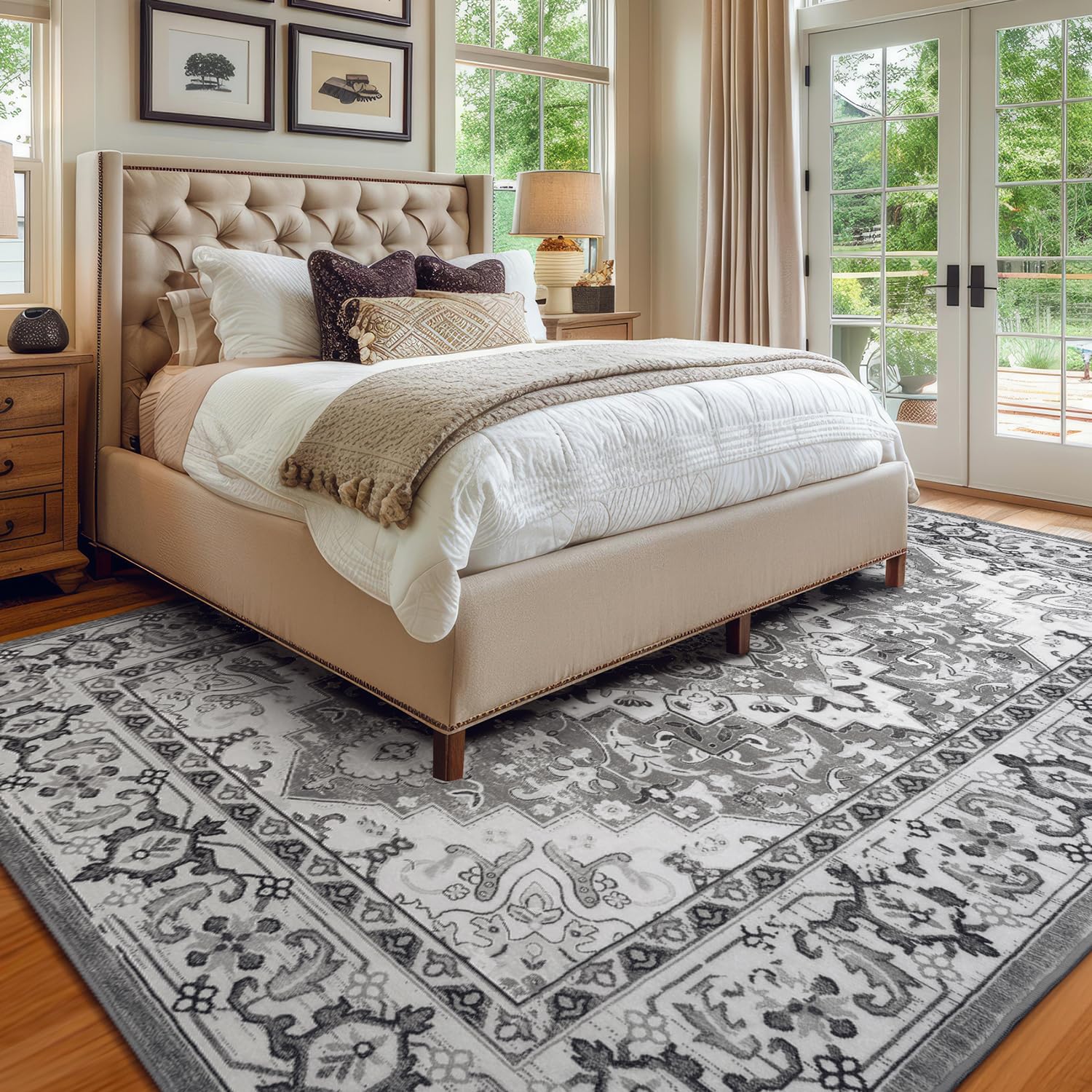 Lessymo 8x10 rug gray border design adds classic charm.