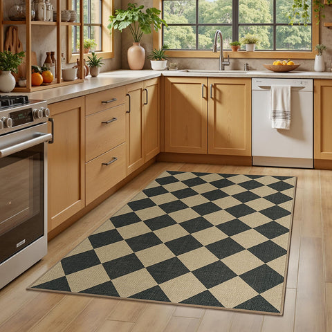 Lessymo checkered rug diamond black beige close-up highlights flat-woven texture.