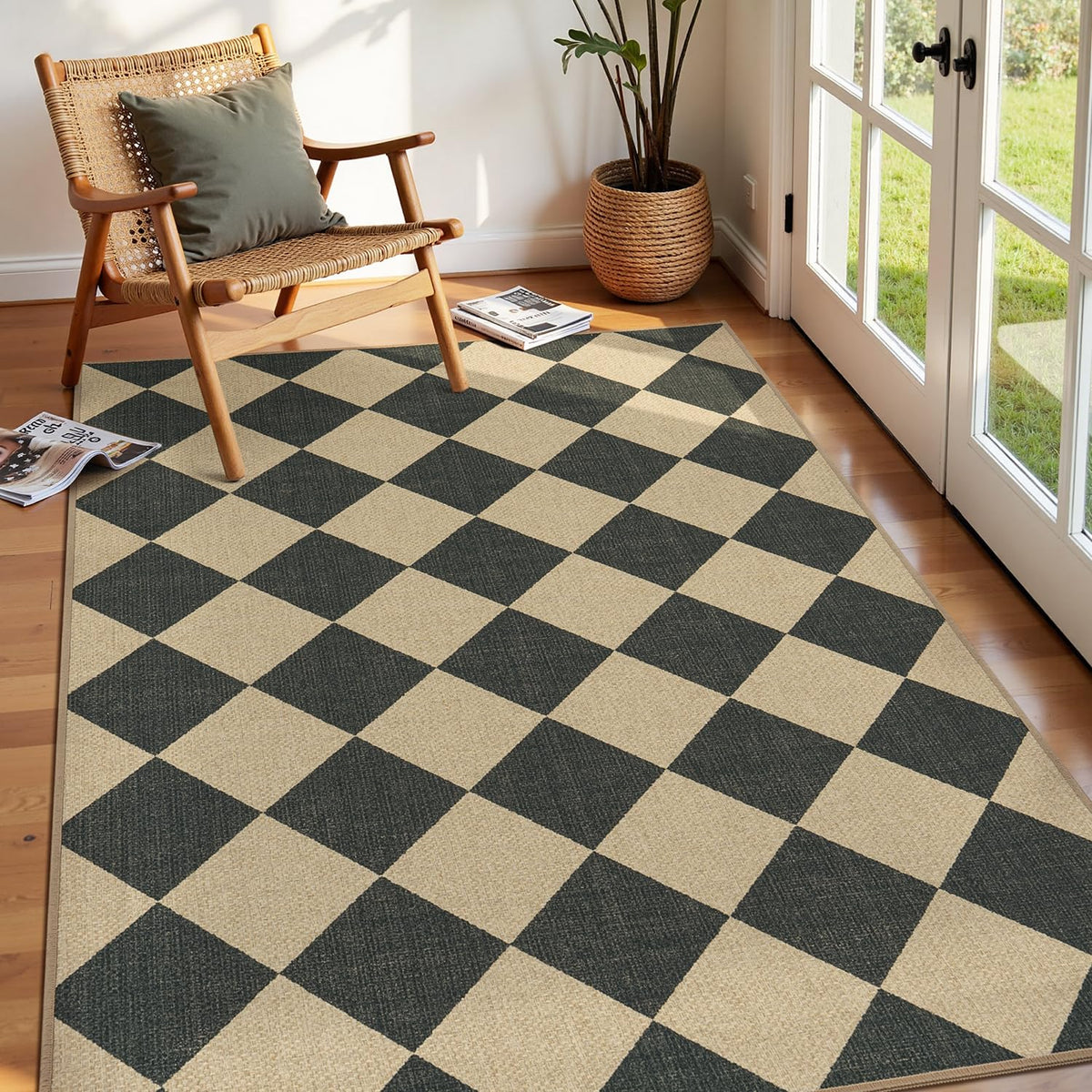 Lessymo checkered rug entryway with non-slip backing for safety.