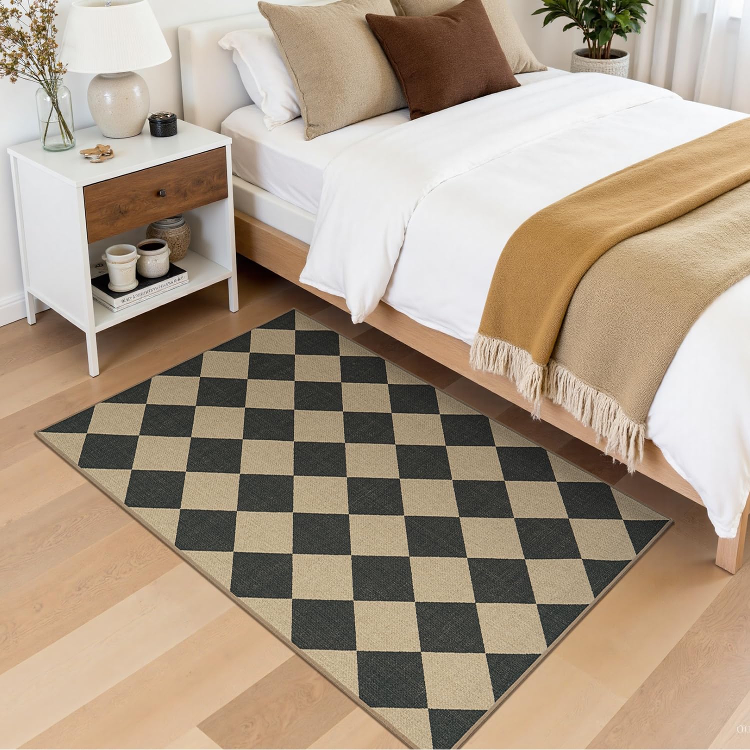 Lessymo checkered rug in kitchen enhances style with easy maintenance.