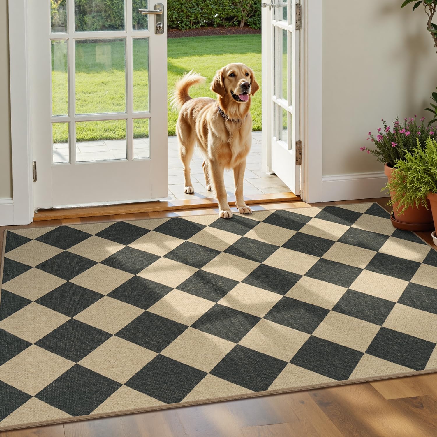 Lessymo checkered rug on patio shows durable, washable outdoor use.