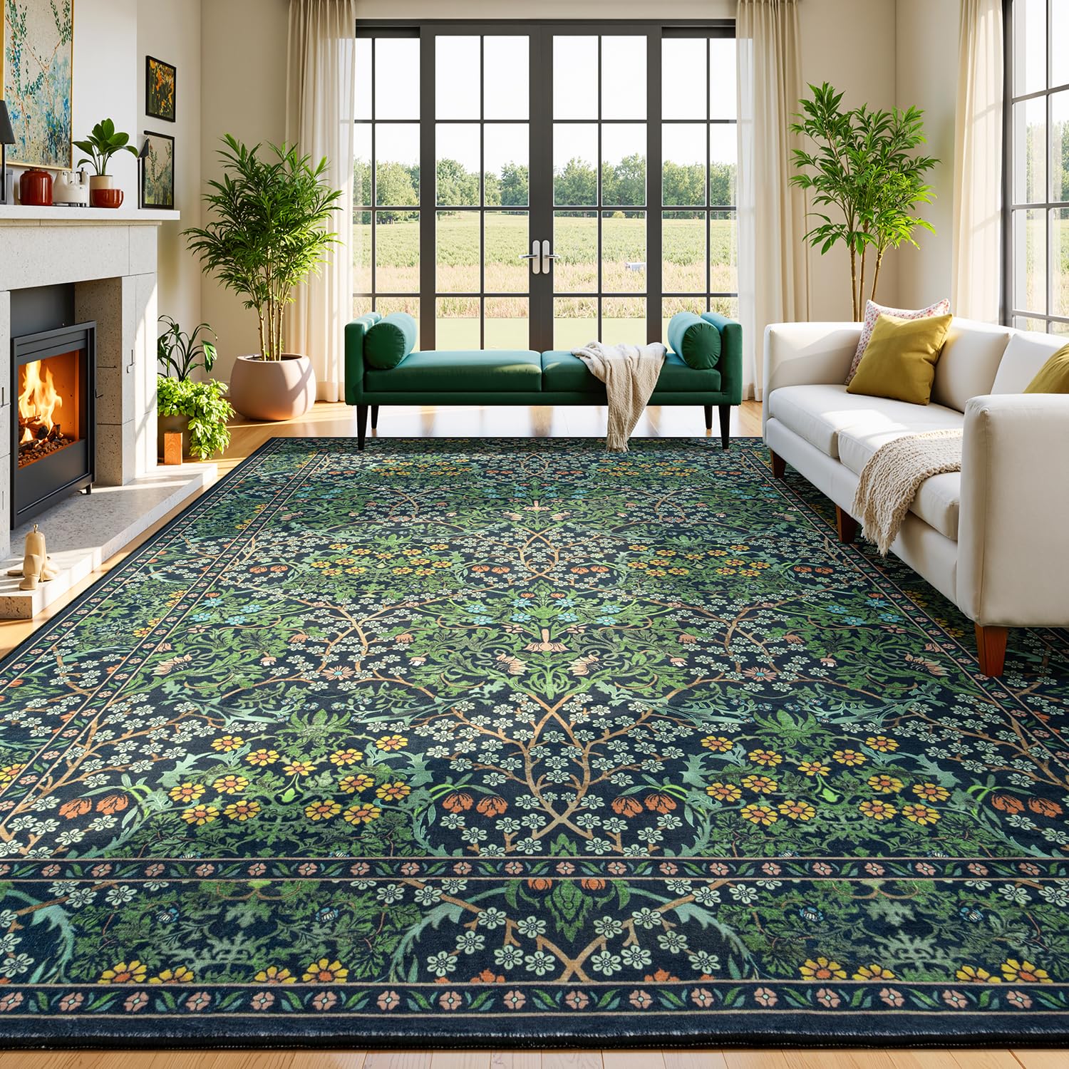 Lessymo floral living room rug 8x10 with lush forest motif for cozy family spaces.