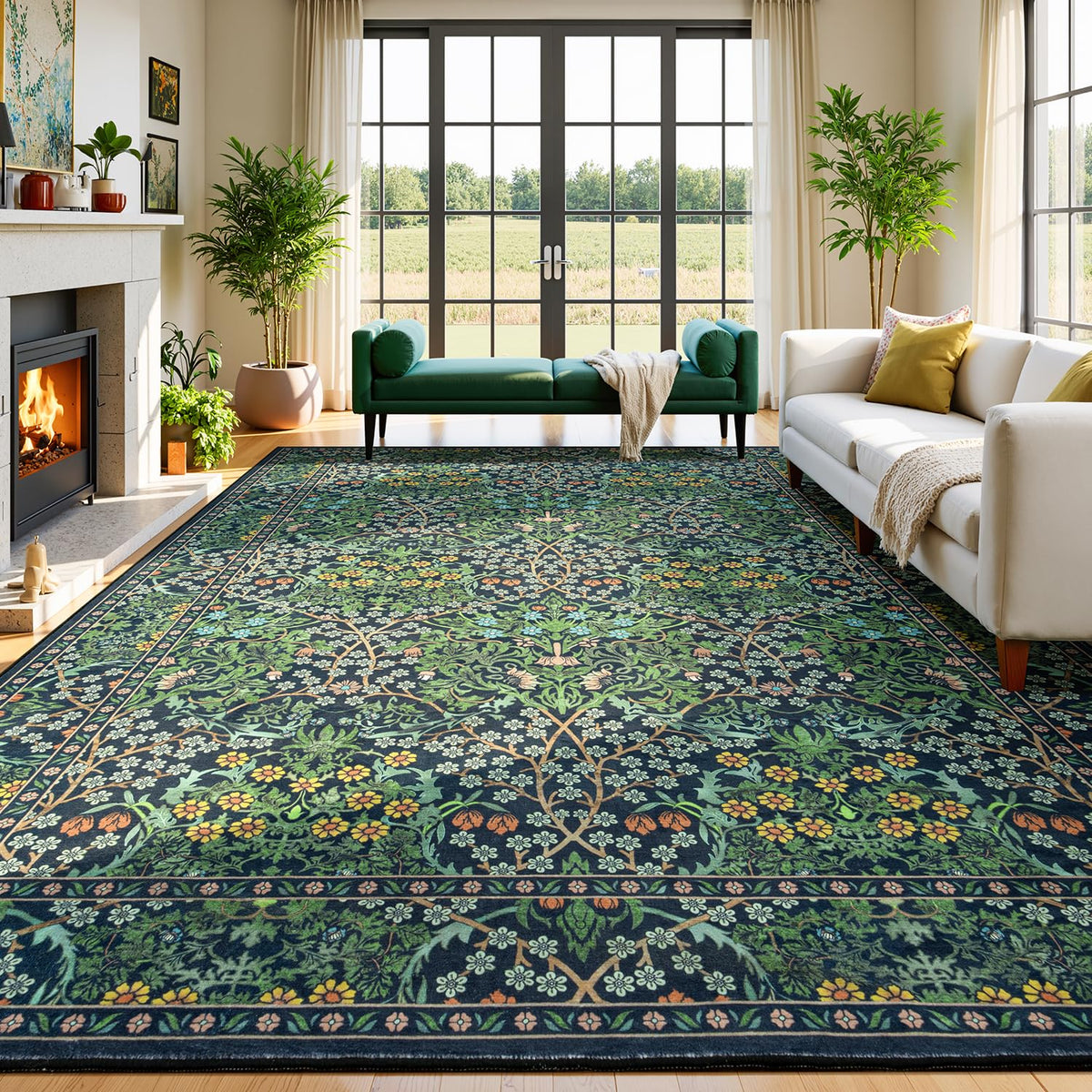 Lessymo floral living room rug 8x10 with lush forest motif for cozy family spaces.