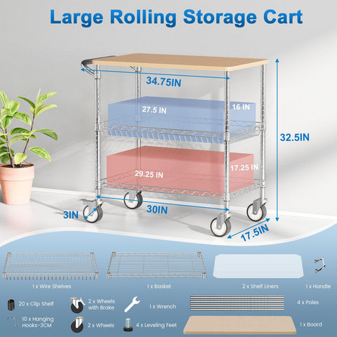 Leteuke cart with handle and shelf liners for easy transport and spill protection.