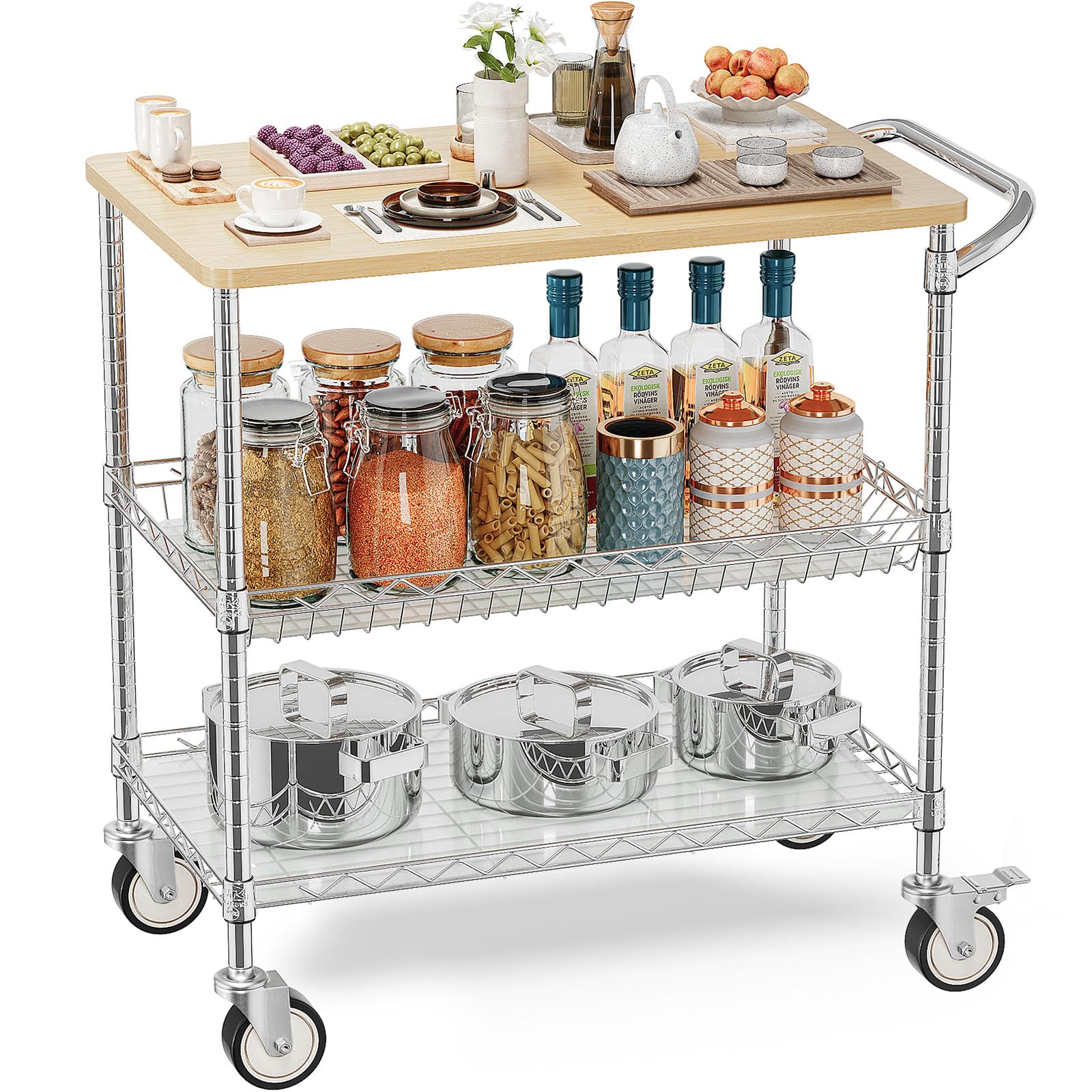 Leteuke rolling kitchen cart with wood top for extra prep surface.