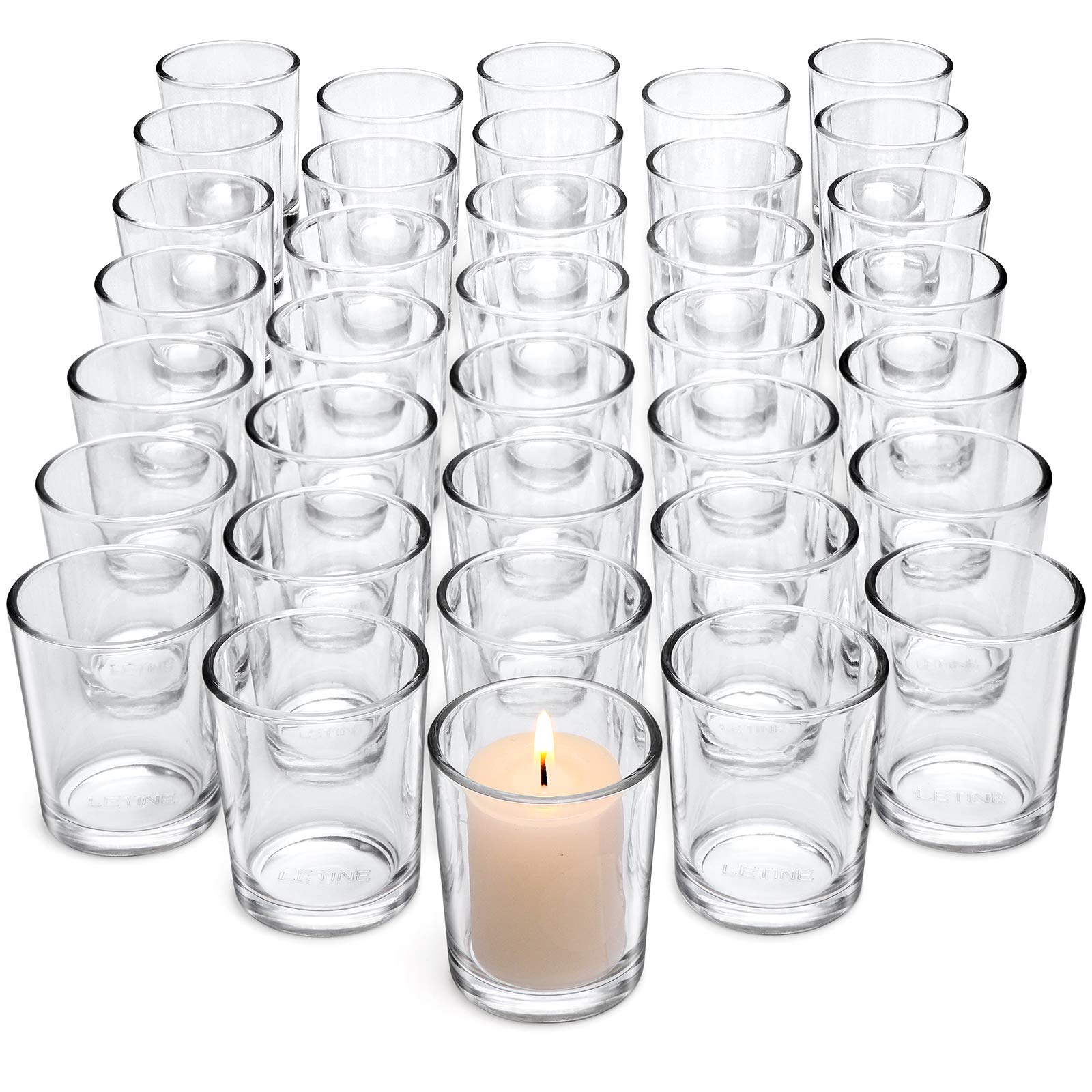 Letine 36-pack votive holders on table illuminate elegant wedding centerpieces.
