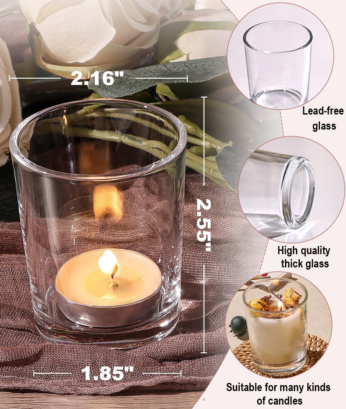 Letine transparent votive holder creates subtle ambient lighting at dinner.