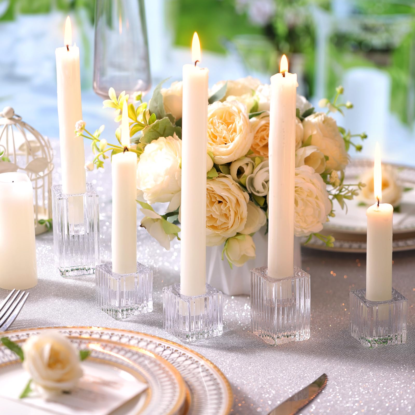 Letine candlestick closeup shows sleek transparency and striped design for celebrations
