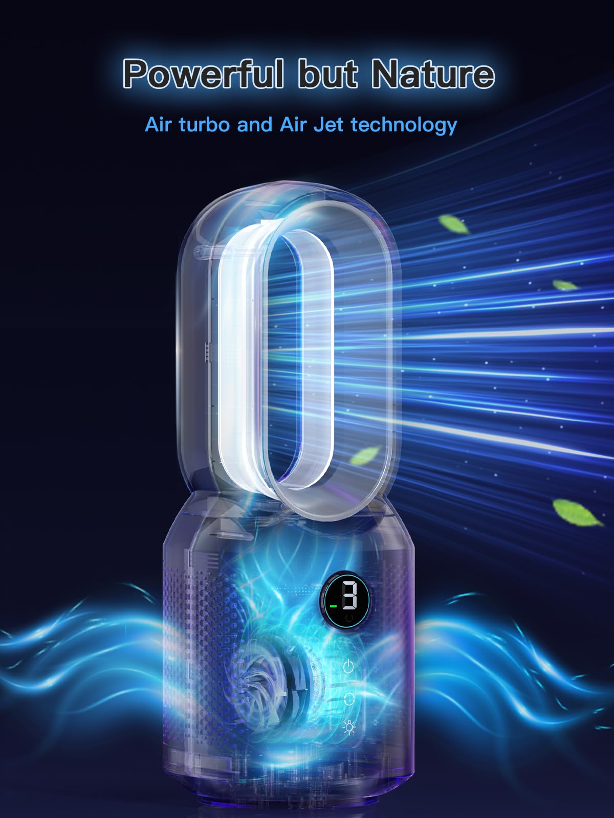 Let'me 13-inch bladeless desk fan with night light and three speeds for personalized comfort.