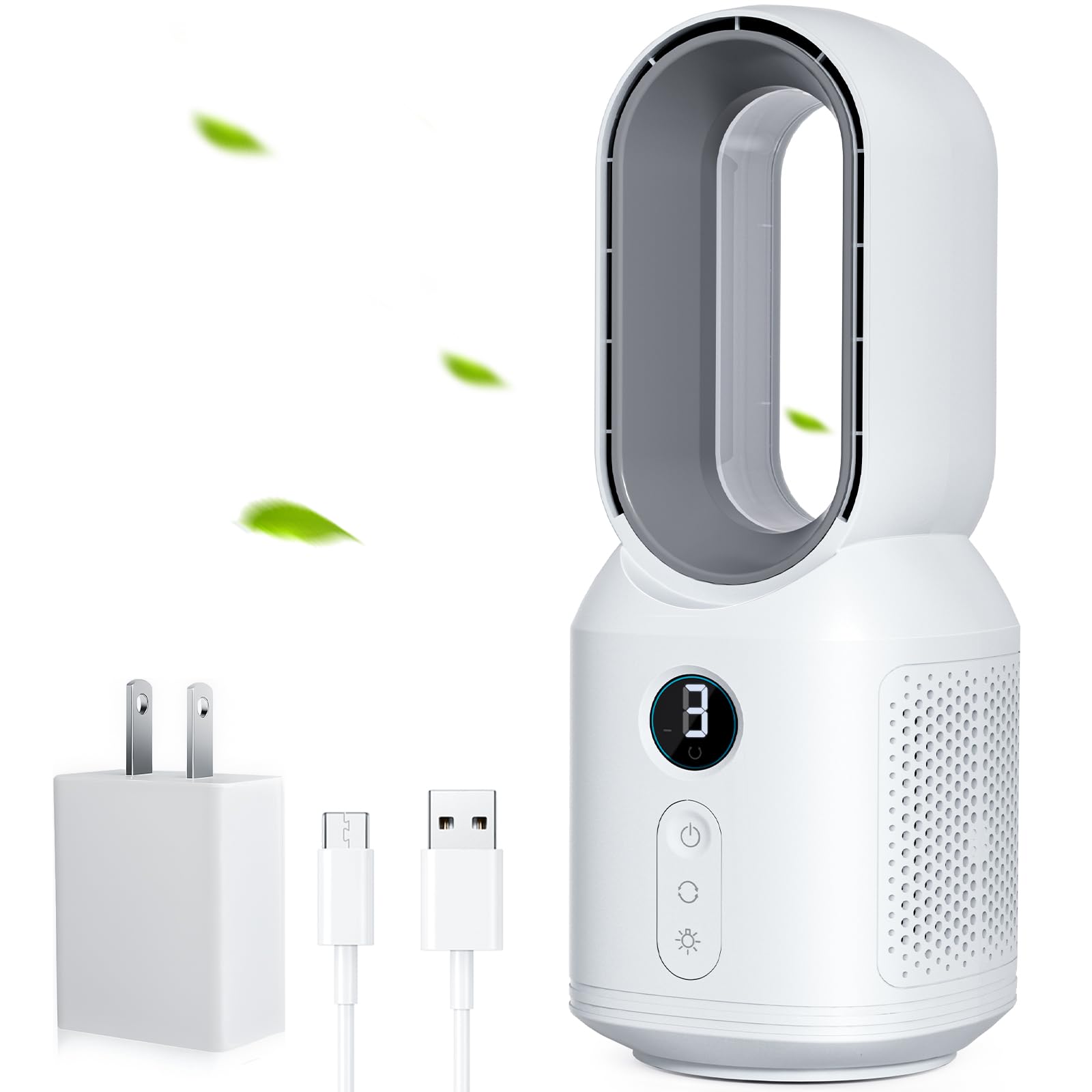 Let'me 13-inch bladeless desk fan front view shows safe airflow for kids and pets.