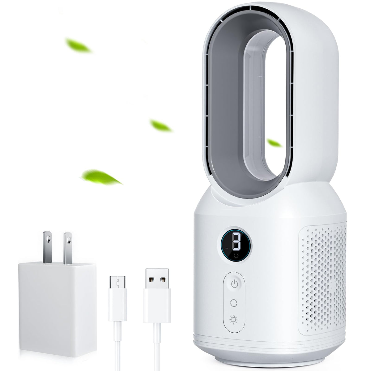 Let'me 13-inch bladeless desk fan front view shows safe airflow for kids and pets.
