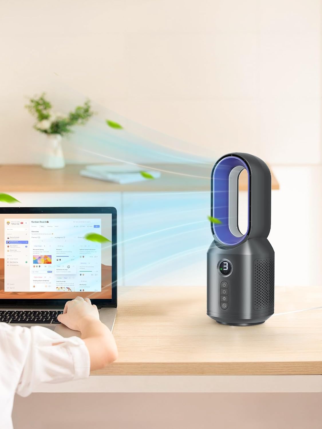 Let'me bladeless desk fan side view highlighting space-saving design.