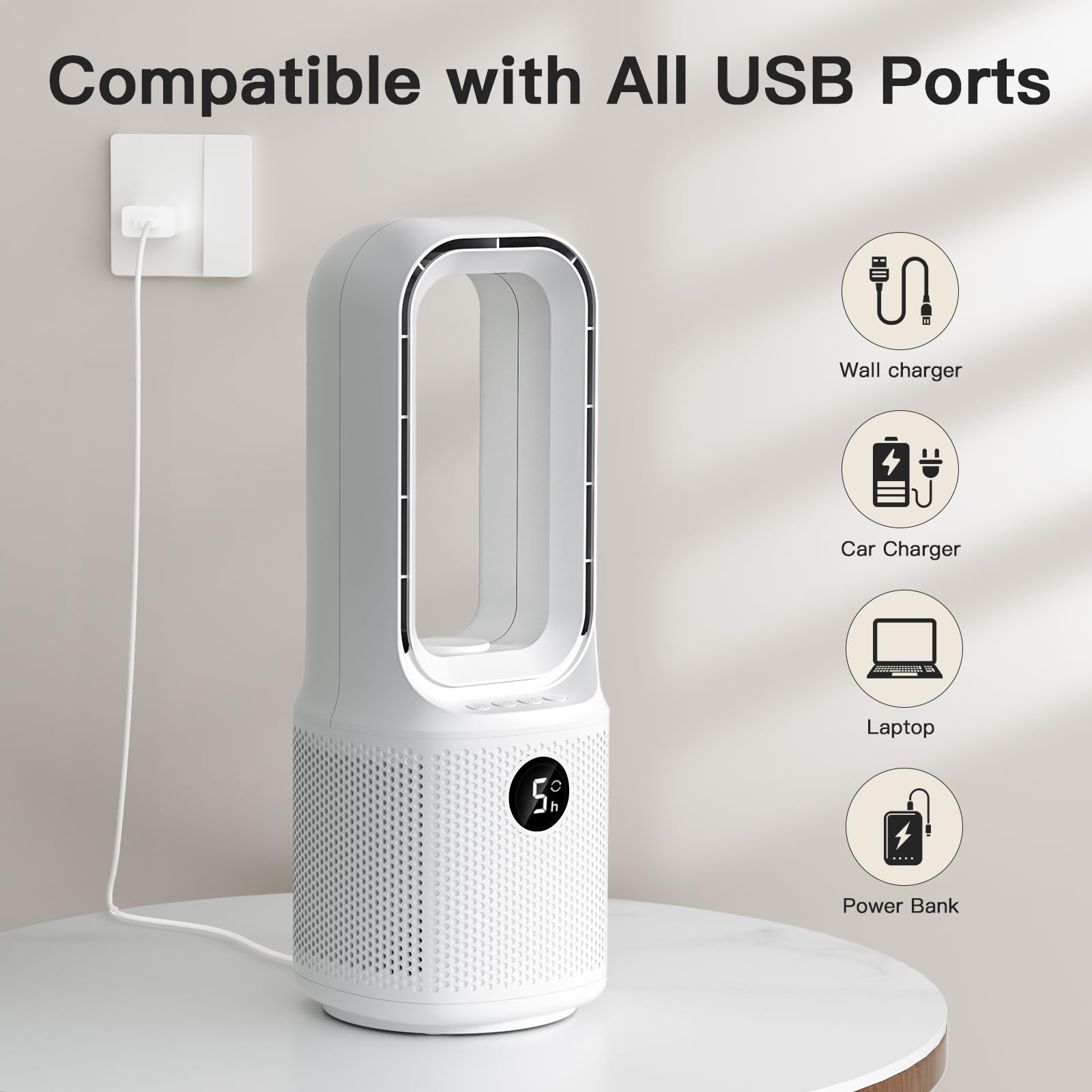 Let'me bladeless desk fan showing five-speed control options