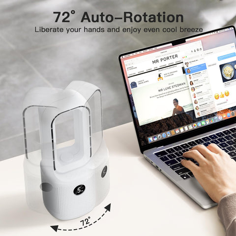 Let'me bladeless desk fan demonstrates 72-degree oscillation coverage