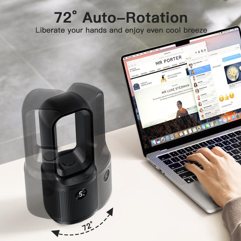 Let'me bladeless desk fan provides 72° oscillation for even air circulation.