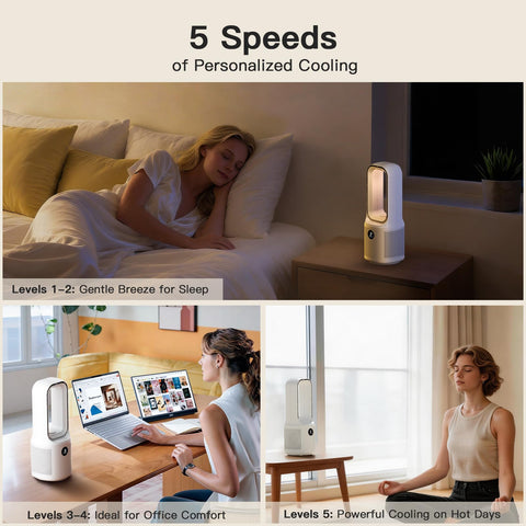 Let'me bladeless desk fan on bedside table with gentle glow
