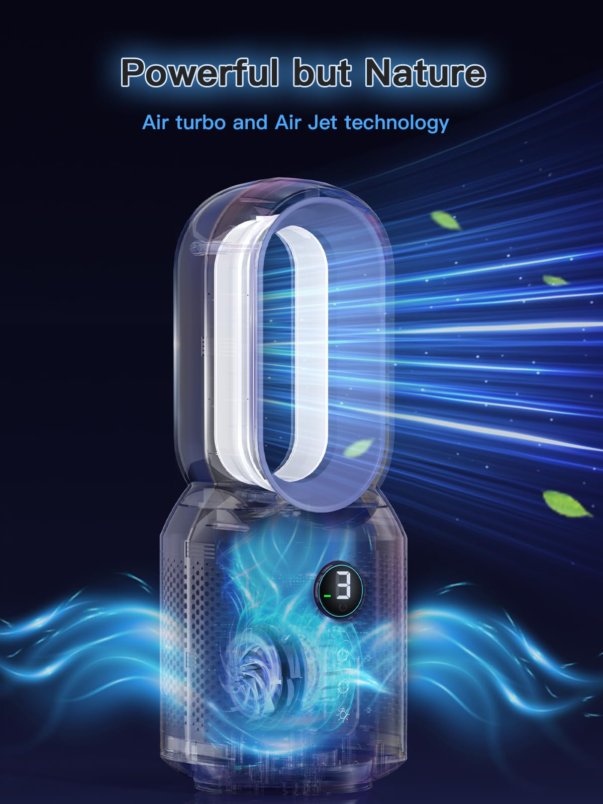 Let'me bladeless desk fan with night light on adds soft bedside ambience.