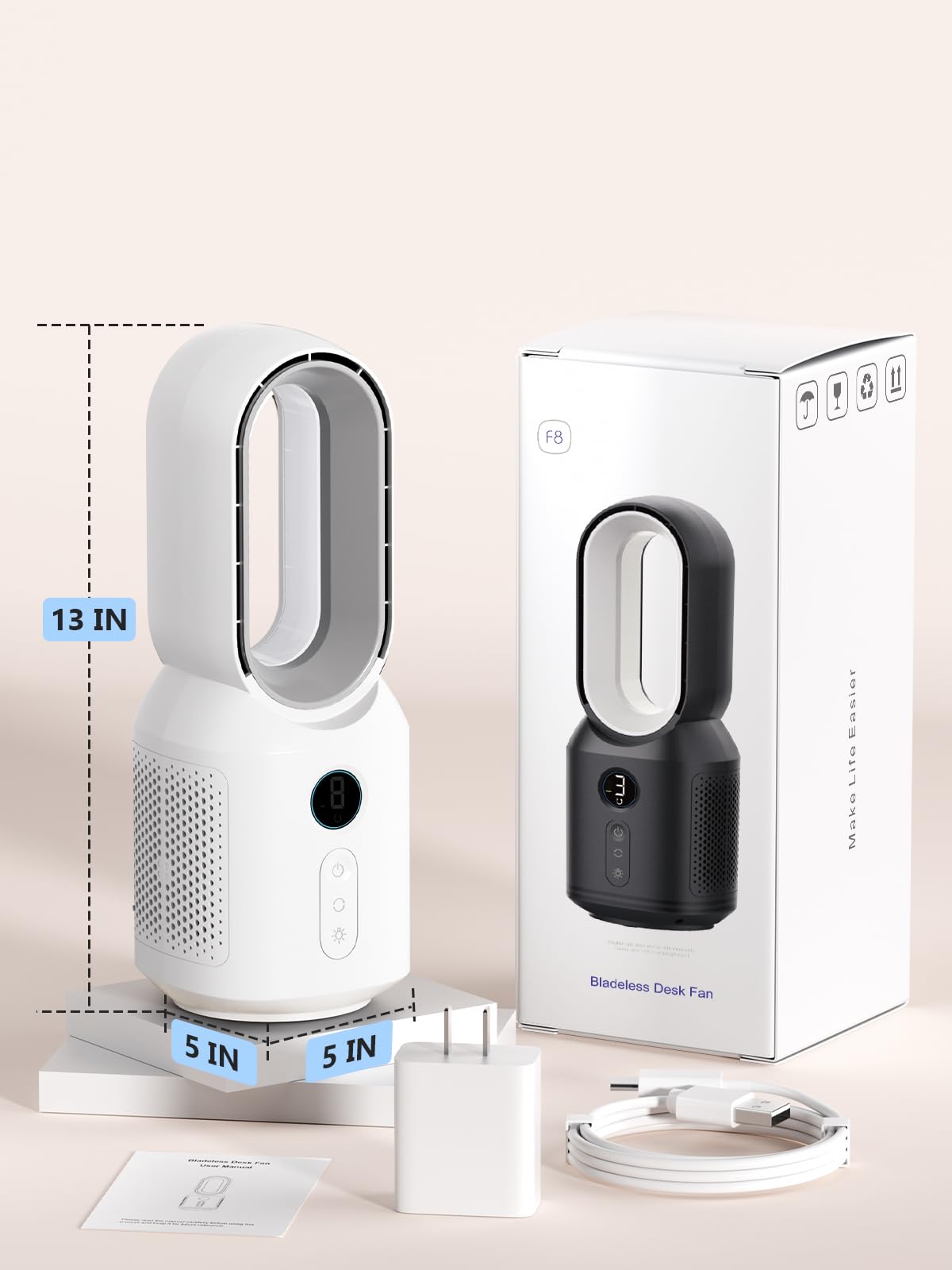 Let'me compact desk fan design fits well on a desk or in a small office.