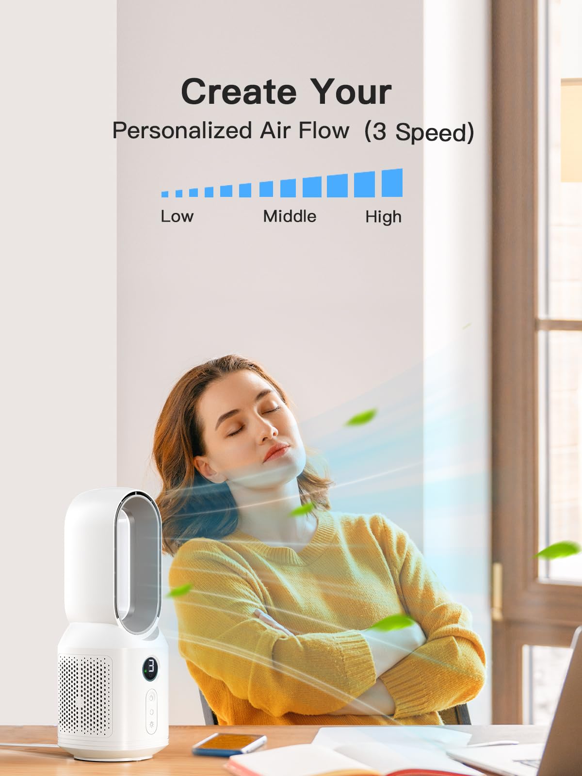 Let'me desk fan night light activated on a bedside table.