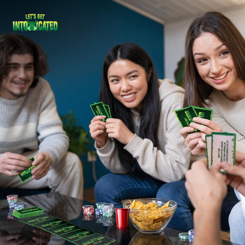 Let's Get Intoxicated party setup cards right by the snacks invite friendly competition.
