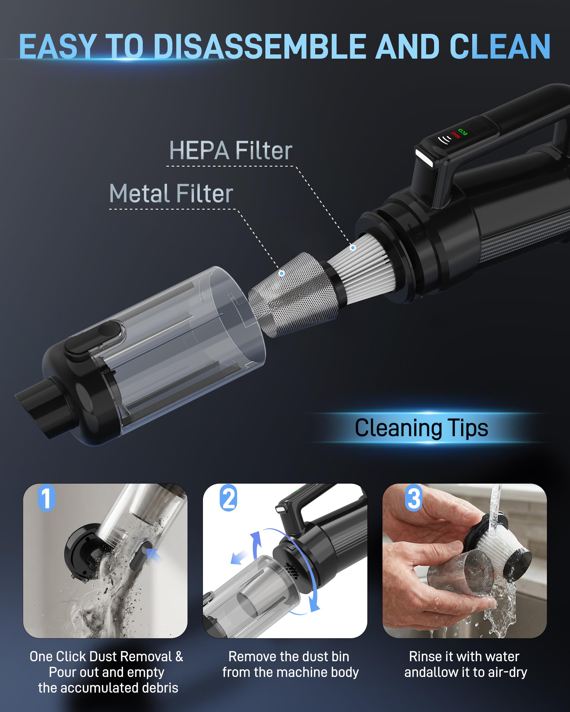 Leucher dust cup with one-click dump simplifies mess-free disposal