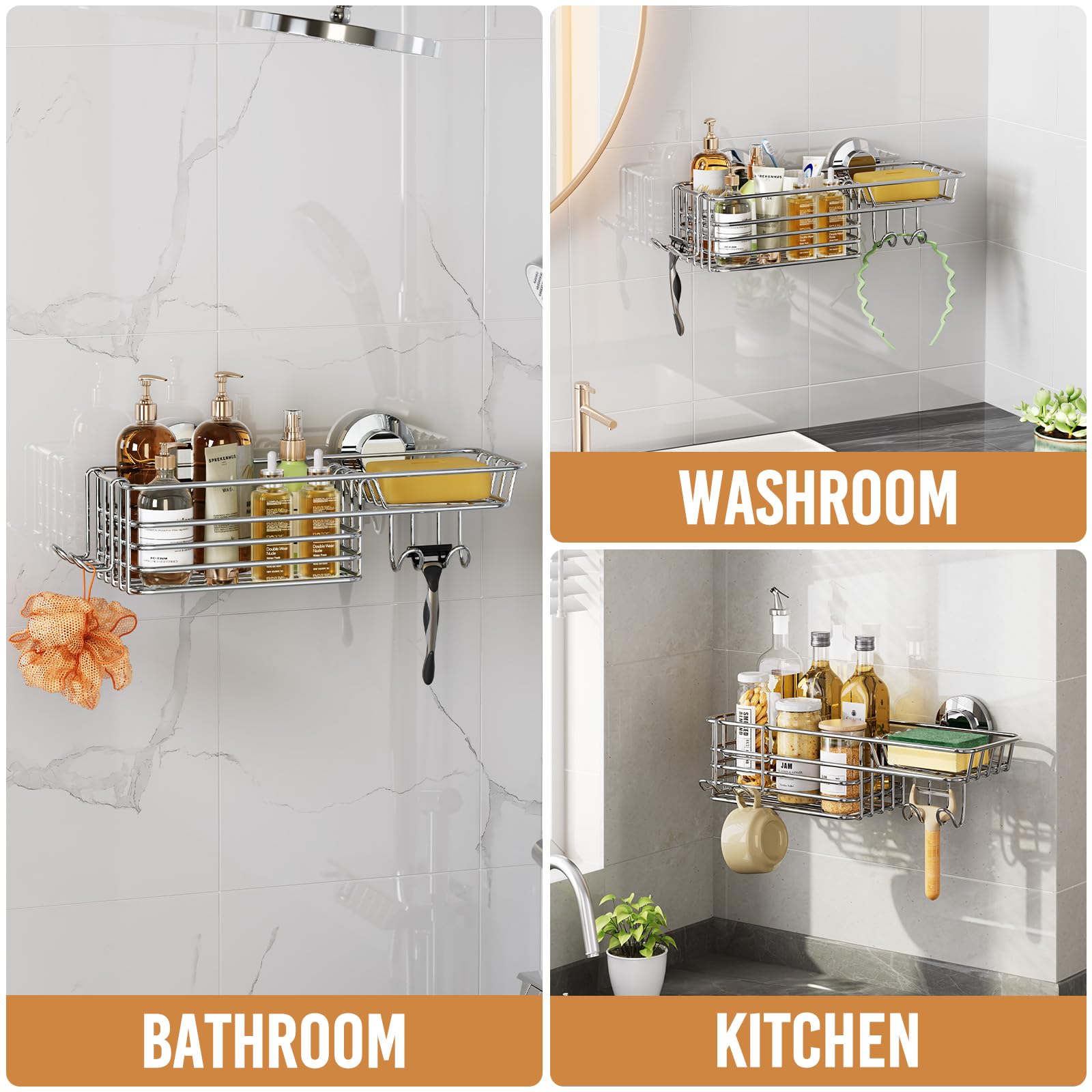 LEVERLOC versatile bathroom organizer suitable for shower, bath, kitchen, or RV.
