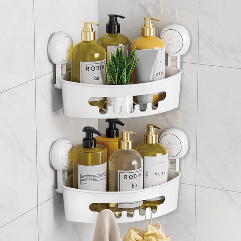 LEVERLOC corner shower caddy with suction cup holds bottles securely.