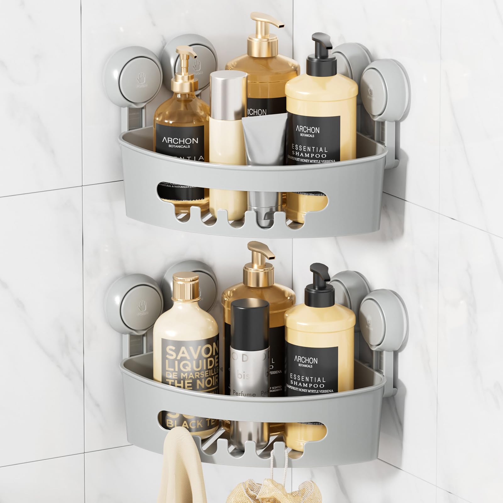 LEVERLOC Corner Shower Caddy mounted on glass shows strong suction and a grey finish