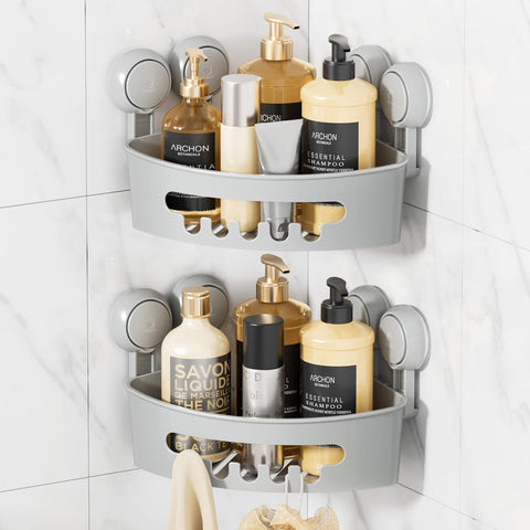 LEVERLOC Corner Shower Caddy mounted on glass shows strong suction and a grey finish