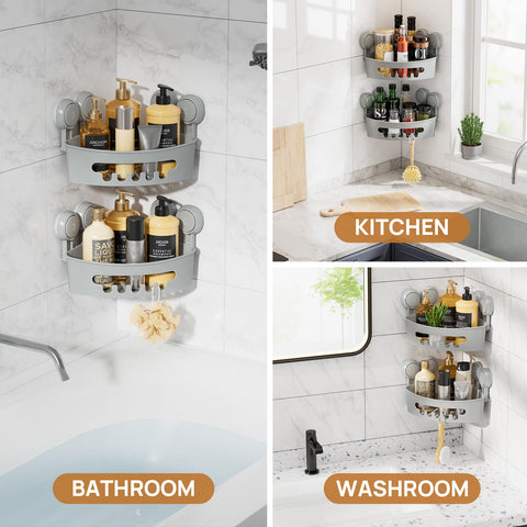 Removable corner rack keeps cosmetics dry and reachable