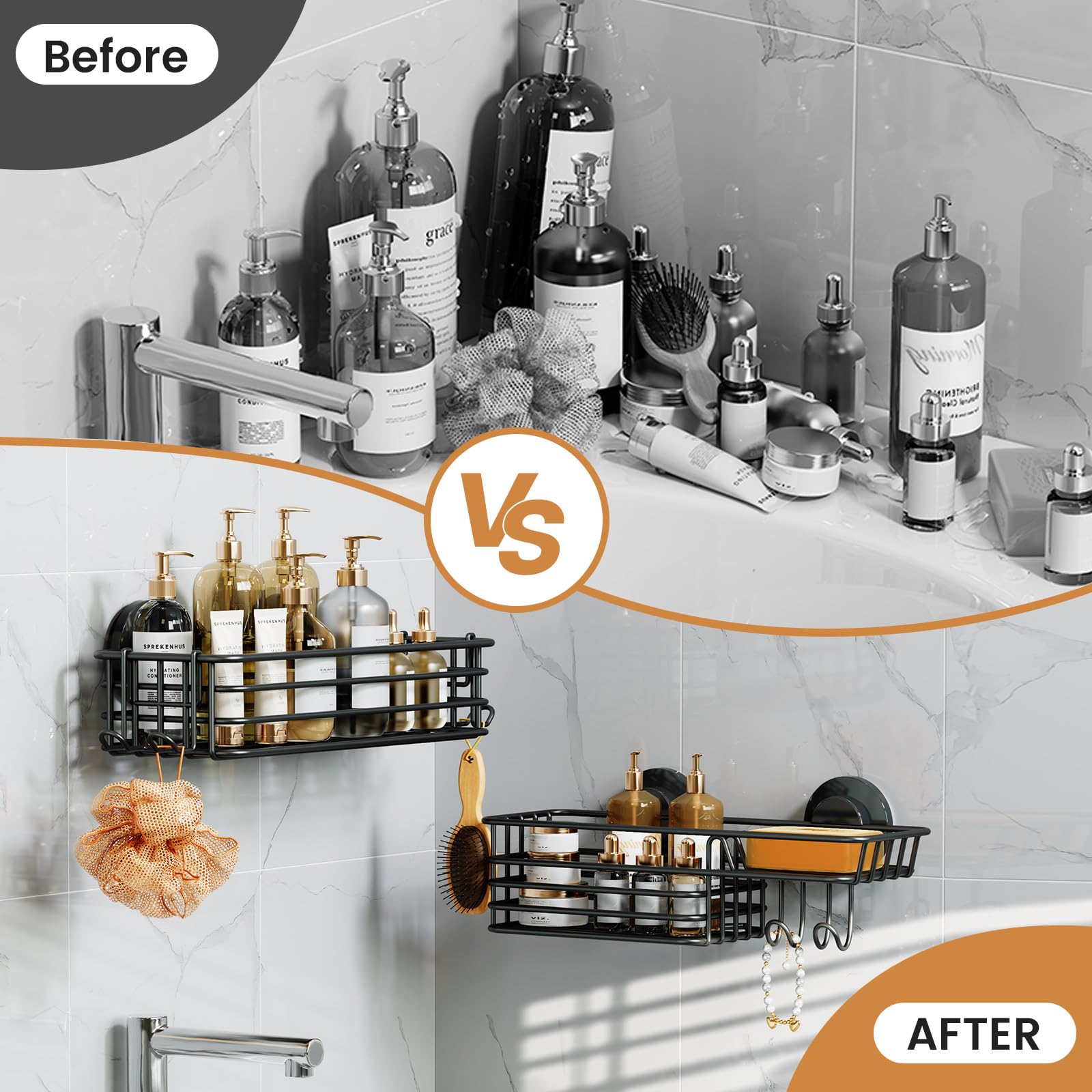LEVERLOC inside-shower organization keeps products accessible and tidy.