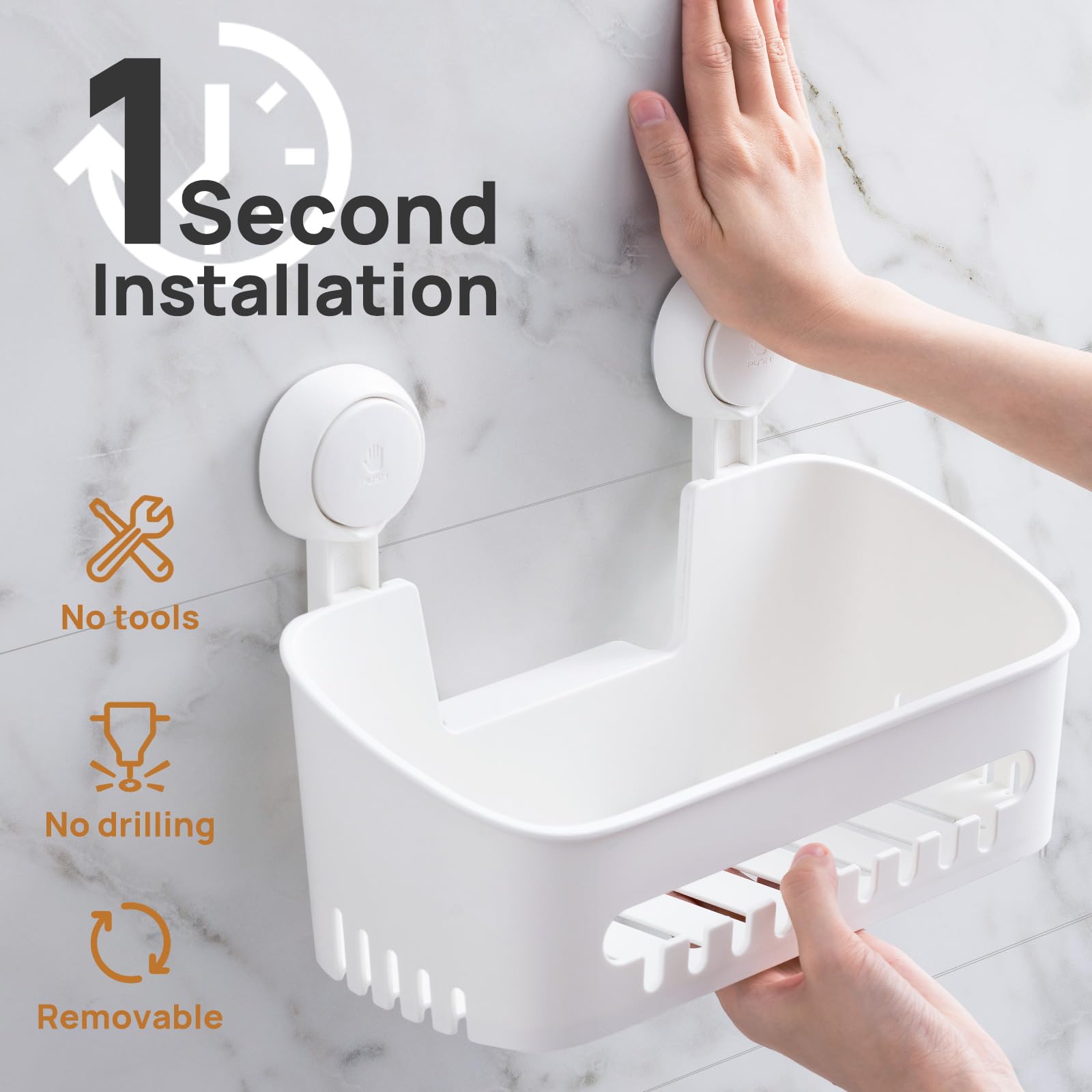 LEVERLOC shower caddy on glass surface showing tool-free removal capability.