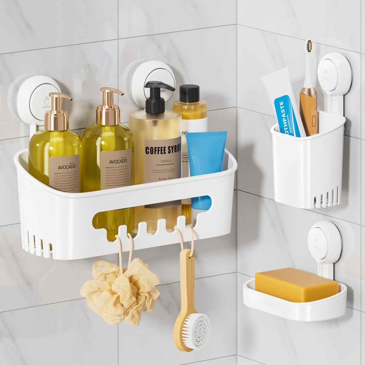 LEVERLOC shower caddy basket with suction for organized shower essentials.