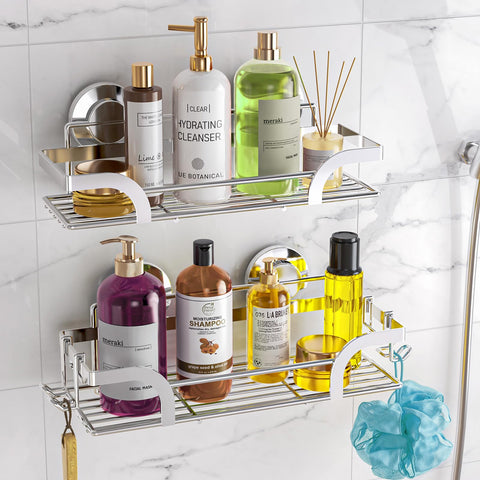 LEVERLOC shower caddy installed inside the shower on smooth tile for organized storage.