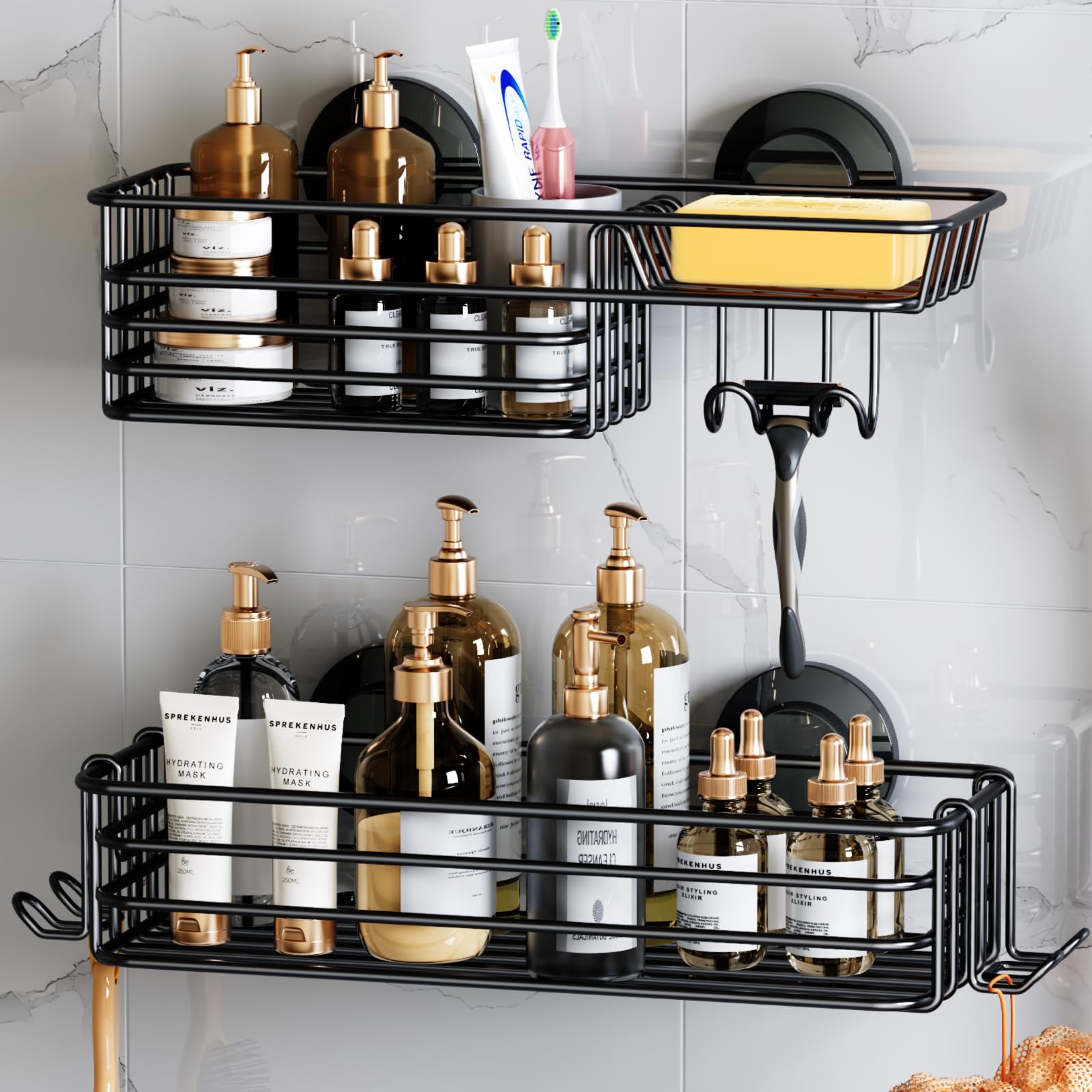 LEVERLOC shower caddy suction cup keeps bathroom essentials secure on smooth surfaces.